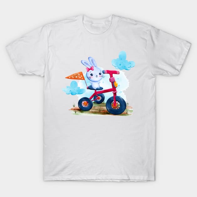 Bunny Tricycle Watercolor T-Shirt by Mako Design 